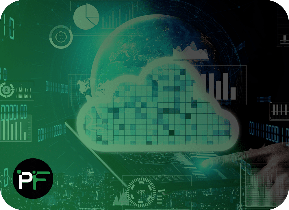 A digital interface with cloud icons, data streams, and interconnected devices, symbolising scalable and efficient cloud software solutions