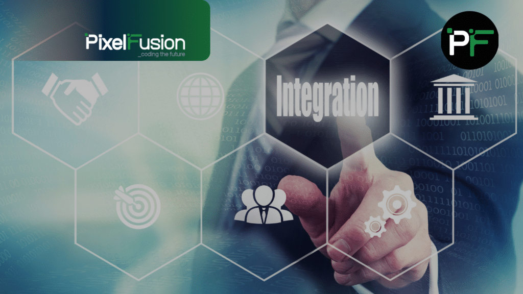 Banner image showing a man in a suit pointing at an integration button overlaid with Pixel Fusion branding