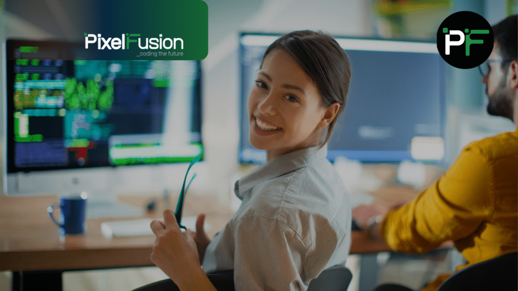 Software developer smiling at the camera overlaid with Pixel Fusion branding