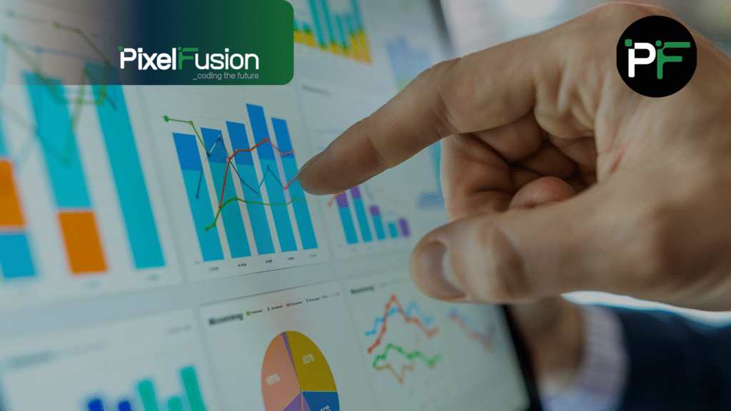 Person pointing at a chart on a dashboard reporting solution with the Pixel Fusion logo and branding overlaid