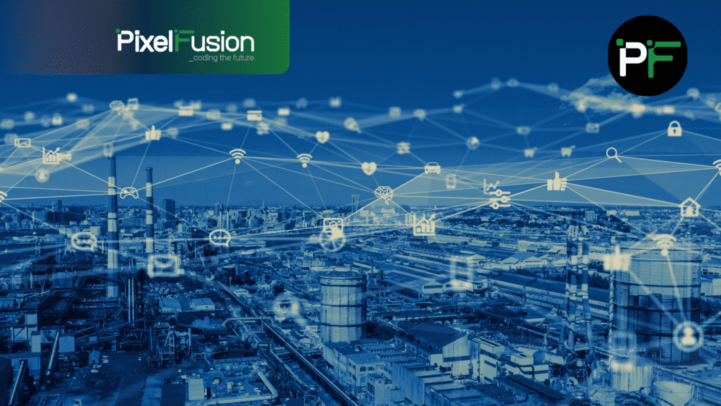 City skyline overlaid with symbols showing connectivity through technology and data automation solutions