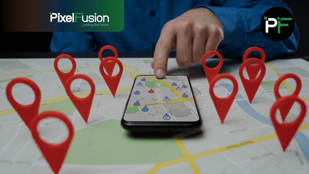 Mobile phone laid on a map with 3d map markers floating in the air symbolising localisation for software development