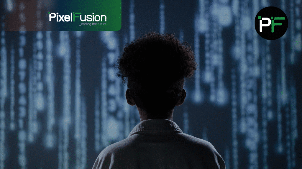 Person shown from the back looking forward at streaming code on a terminal representing AI software development - 2560x1439px