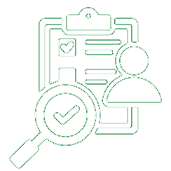 Icon showing a magnifying glass and clipboard symbolising the discovery of requirements undertaken before building software for our clients