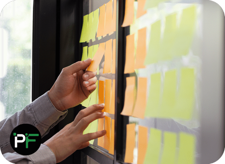 Developer reaching for the next job on the projects task board with Pixel Fusion logo overlaid