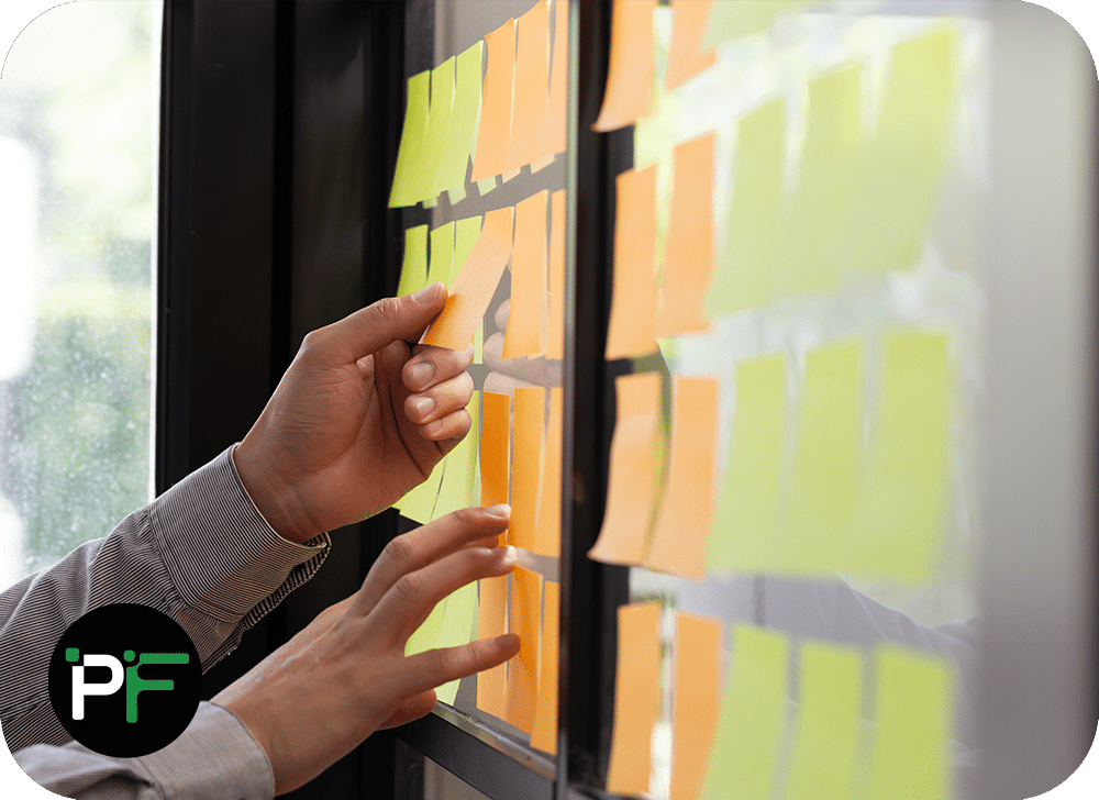Developer reaching for the next job on the projects task board with Pixel Fusion logo overlaid