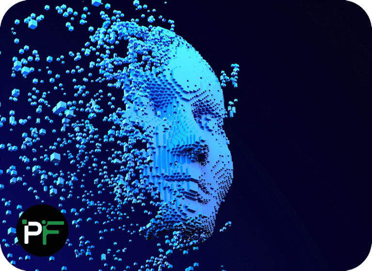 Face being created from pixels banner image to indicate AI software development services