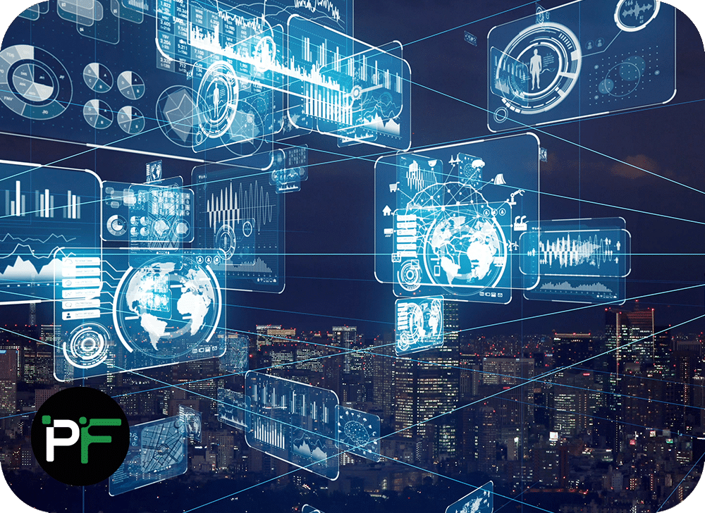 Futuristic screens on a blue background to show API integration