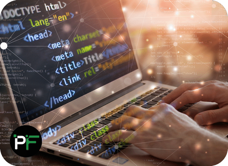 Close-up of a person typing on a laptop with HTML code visible, illustrating bespoke software development