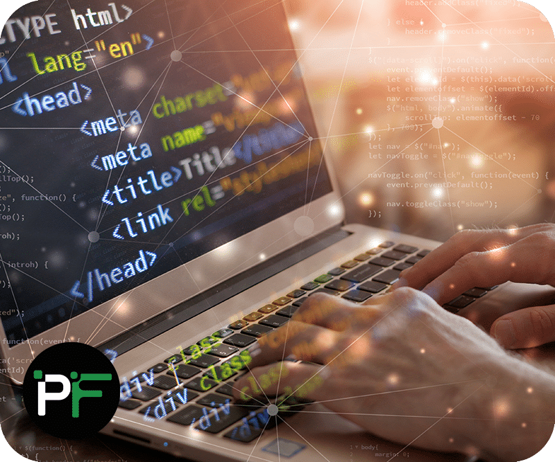 Close-up of a person typing on a laptop with HTML code visible, illustrating bespoke software development and modern coding practices with digital connectivity.