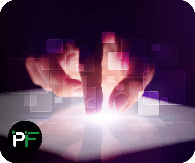 Hand pressing a touchscreen with small Pixel Fusion logo - 800x667px