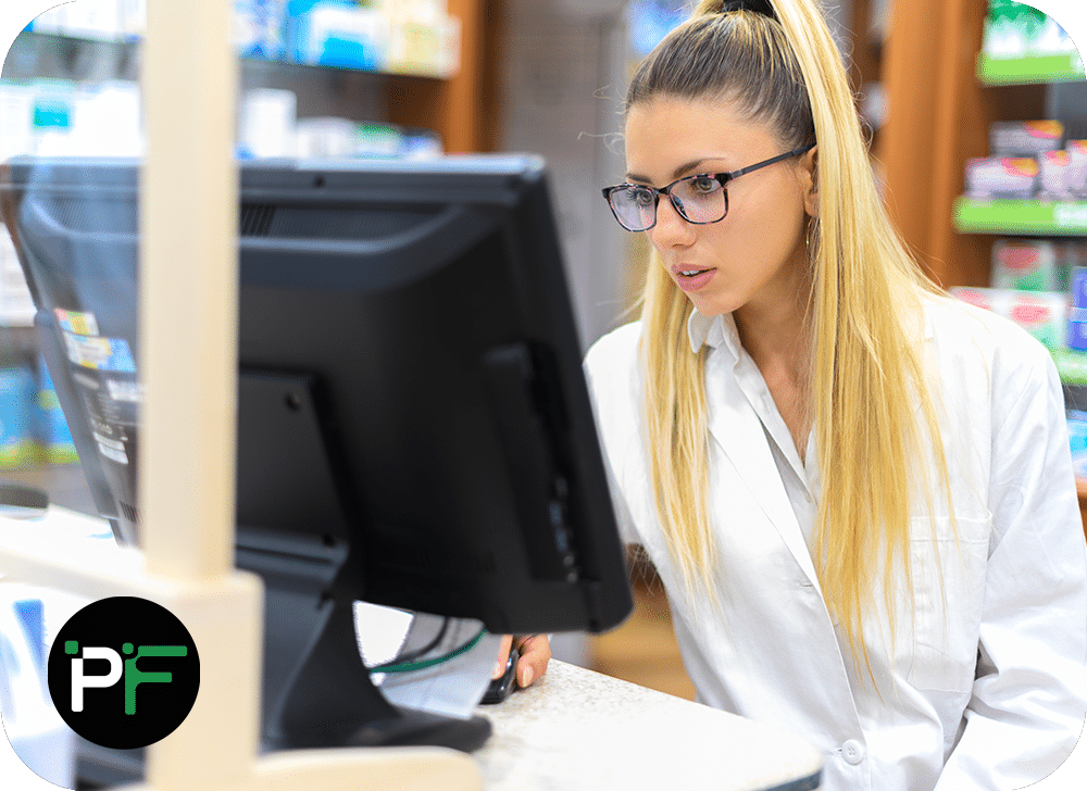 Software developer working at her computer with small Pixel Fusion logo overlaid