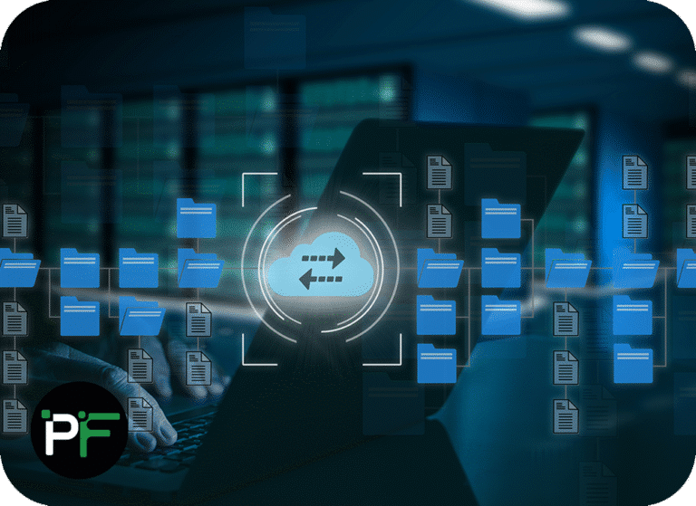 Image shows folders and a cloud on screen demonstrating data automation and scalable cloud applications