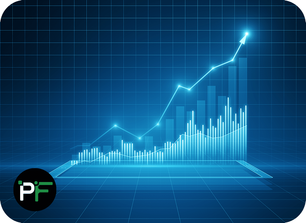 Graphs showing upward trends with Pixel Fusion logo overlaid symbolising the benefits of Data Automation