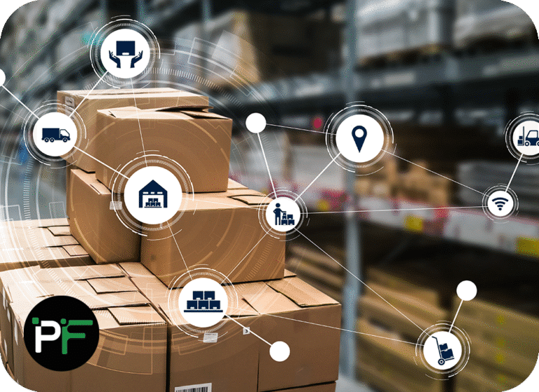 Boxes shown in a warehouse with floating icons to represent stock control software development. Includes Pixel Fusion logo