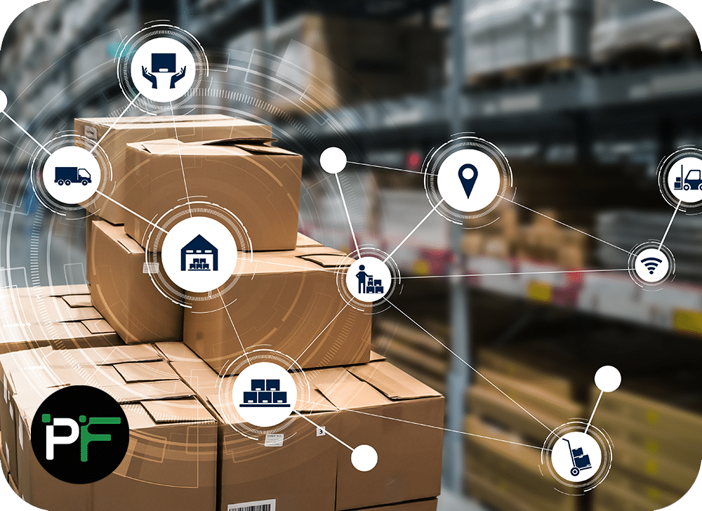 Boxes shown in a warehouse with floating icons to represent stock control software development. Includes Pixel Fusion logo