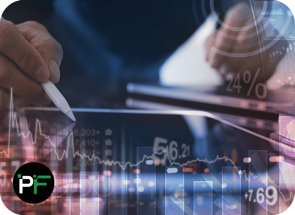Tablet overlaid with stock market graphs to demonstrate financial software development solutions - 1000x728px