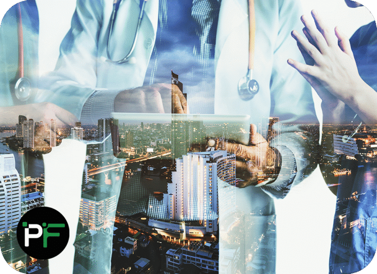 Doctor holding a tablet computer overlaid over a cityscape representing bespoke healthcare software development - 1000x728px