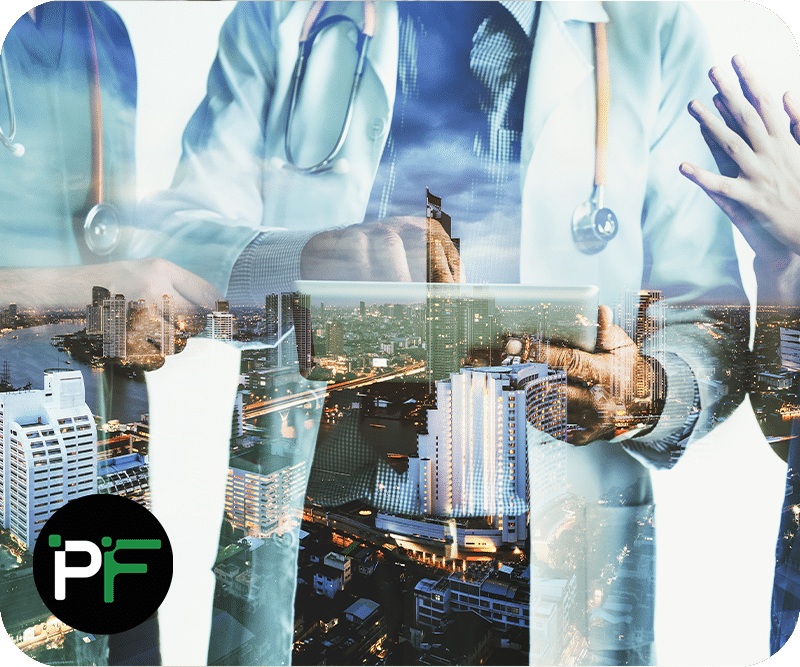 Doctor holding a tablet computer overlaid over a cityscape representing bespoke healthcare software development - 800x667px