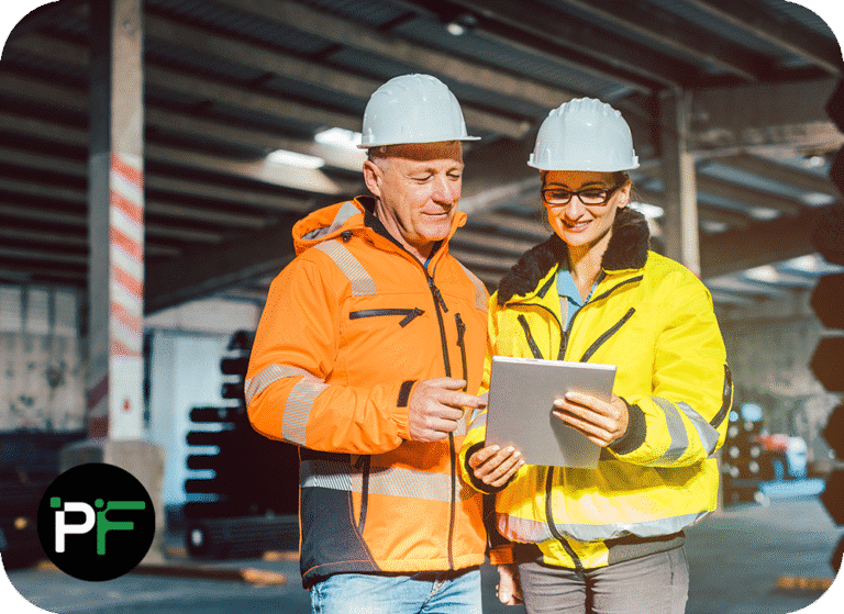 Construction workers holding a tablet to represent manufacturing software development and workflow management