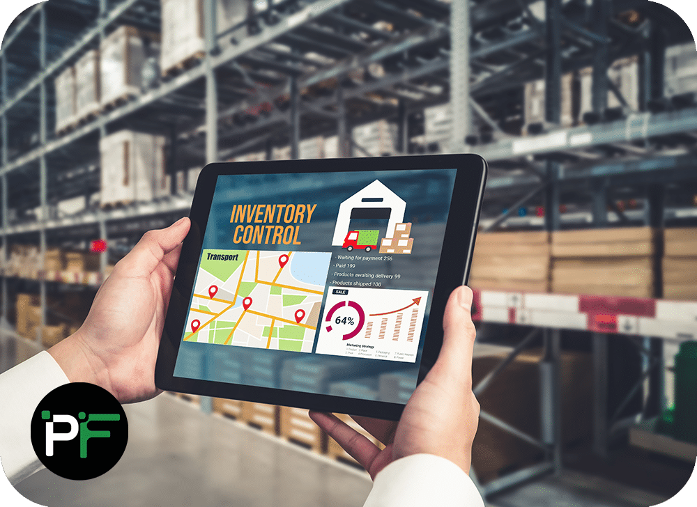 Person in a warehouse holding a tablet PC with custom "Inventory Control Software".