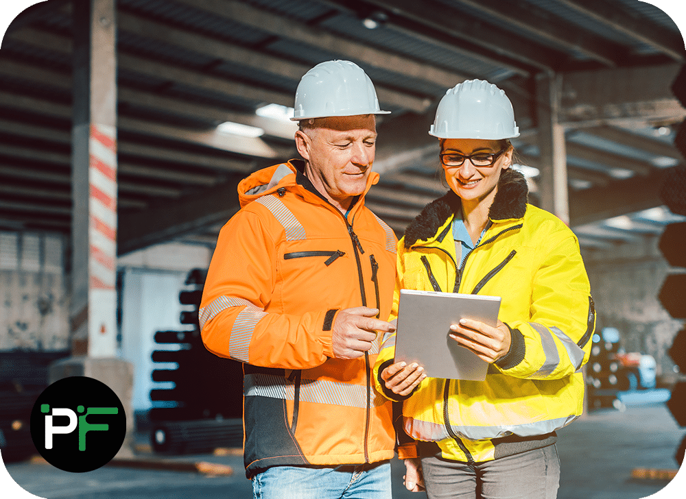 Construction workers holding a tablet to represent manufacturing software development and workflow management
