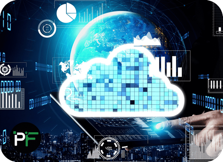 Image of a cloud with Pixel Fusion branding representing Scalable Cloud Software Solutions and Cloud Computing Solutions