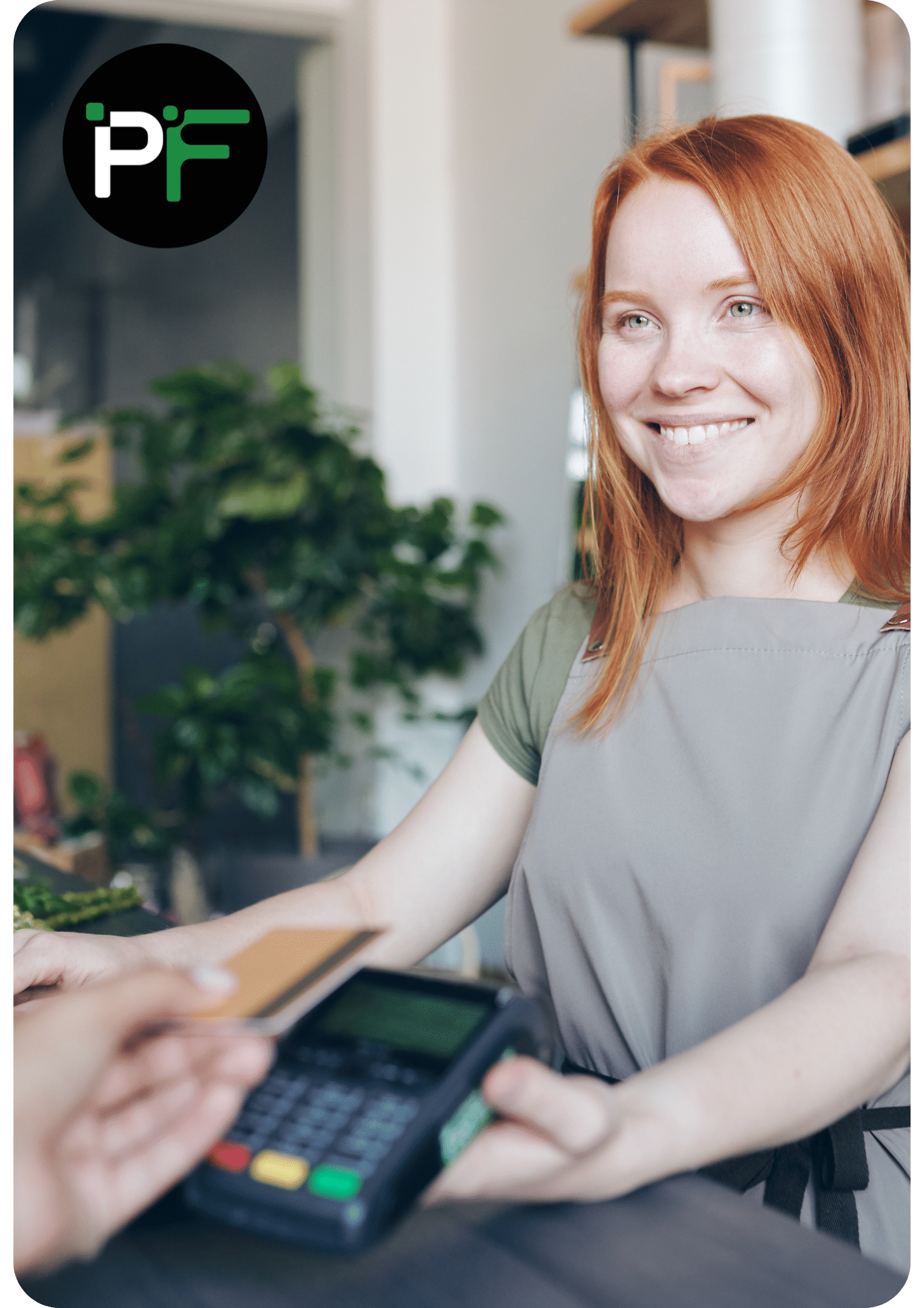 Cashier passing a card machine to a customer representing eCommerce software solutions - Portrait