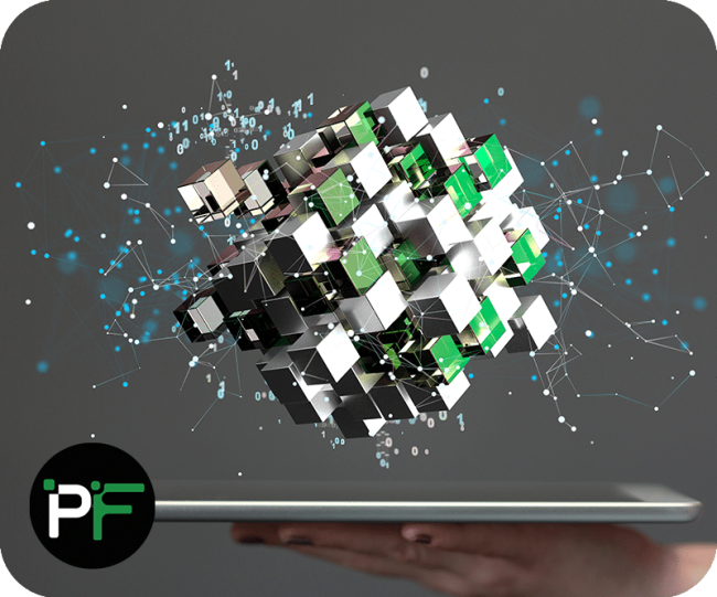 Hand holding a tablet on it's palm with cubes floating in mid air representing software solutions for business growth
